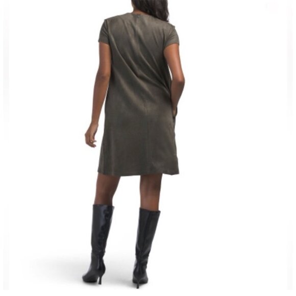 J McLaughlin Swing Dress Cap Sleeve Olive Green Faux Suede Size M Pockets - Picture 3 of 15
